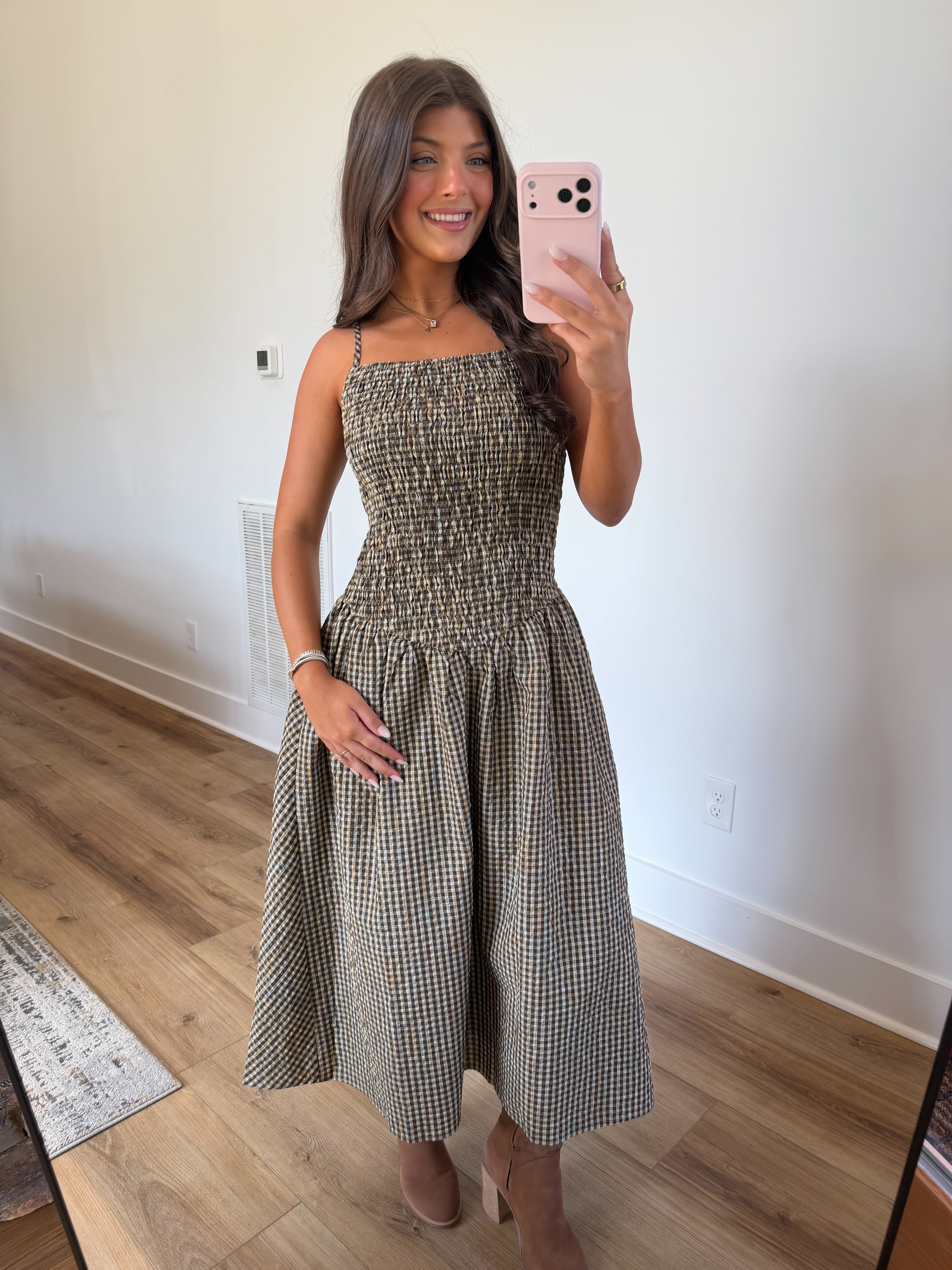 Brown Gingham Drop Waist Midi