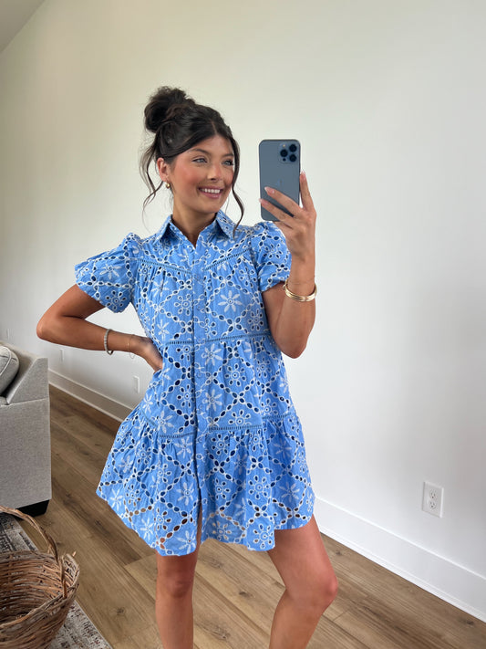 Blue Daisy Eyelet Mini Dress