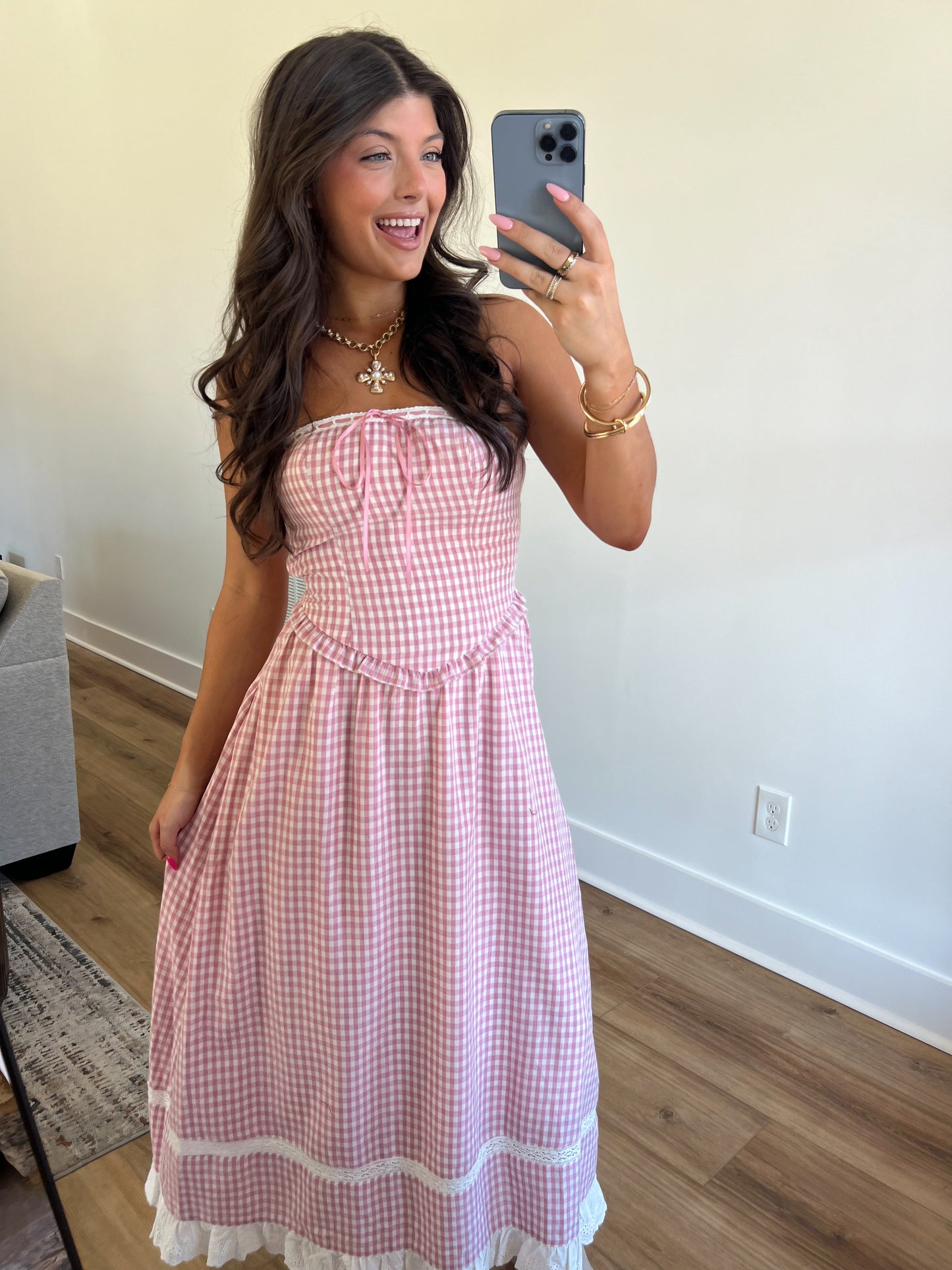 Pink Plaid Midi Dress