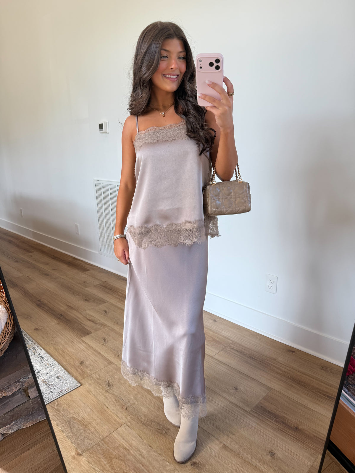 Taupe Satin Lace Trim Set