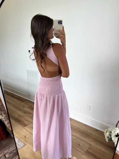 Pink Smocked Open Back Dress