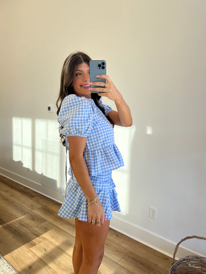 Baby Blue Plaid Ruffle Skort Set