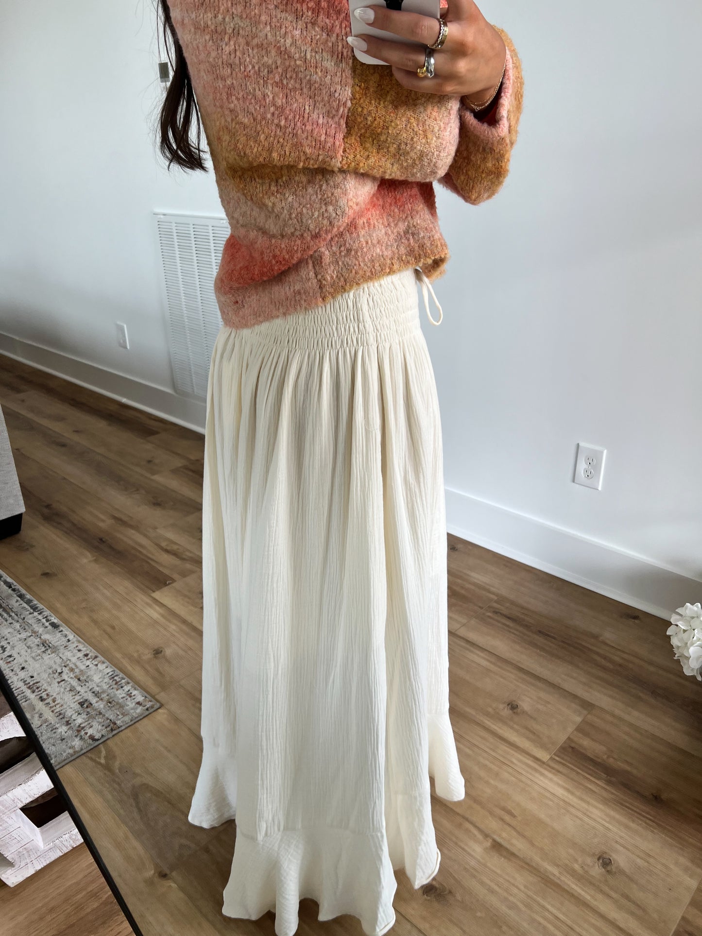 Cream Smocked Front Slit Maxi Skirt