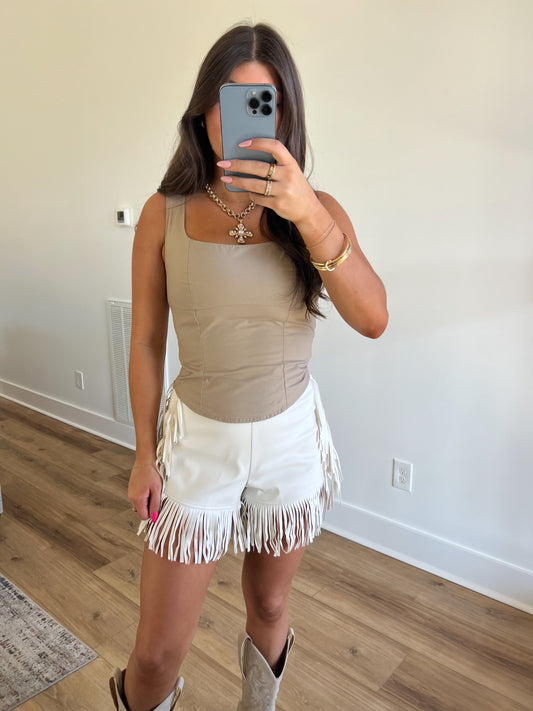 Cream Leather Fringe Shorts