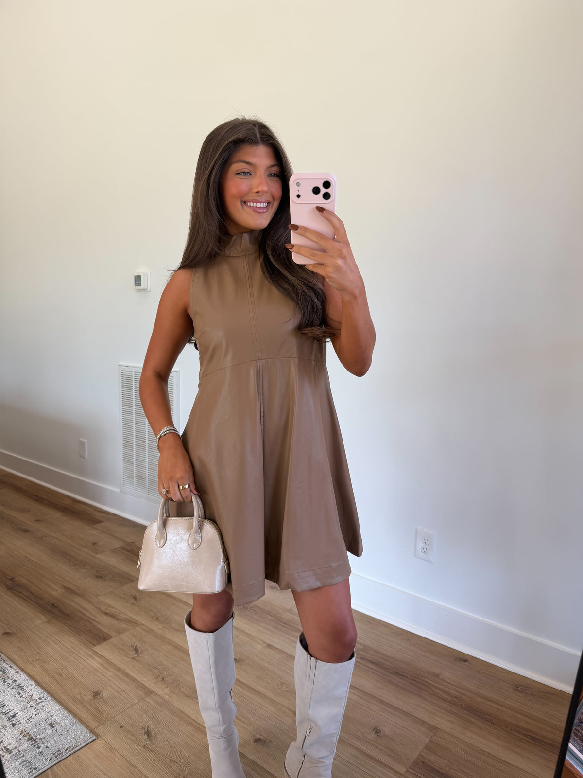 Brown Leather Swing Mini Dress