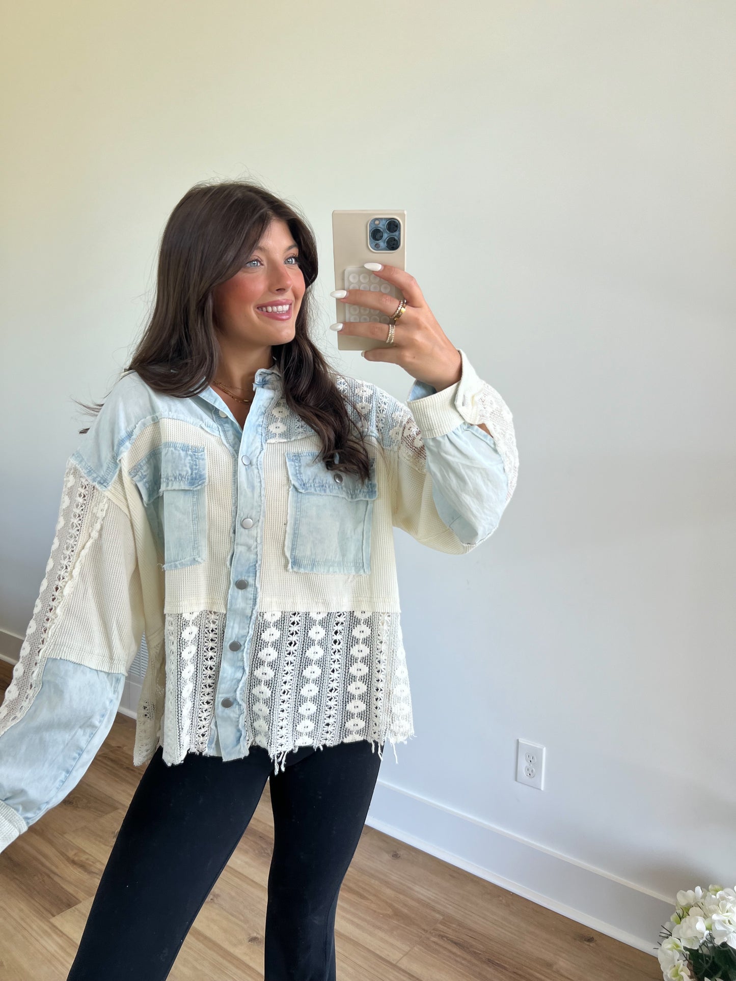 Contrast Lace/Crochet Button Down Shirt