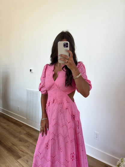 Pink Eyelet Puff Sleeve Maxi Dress