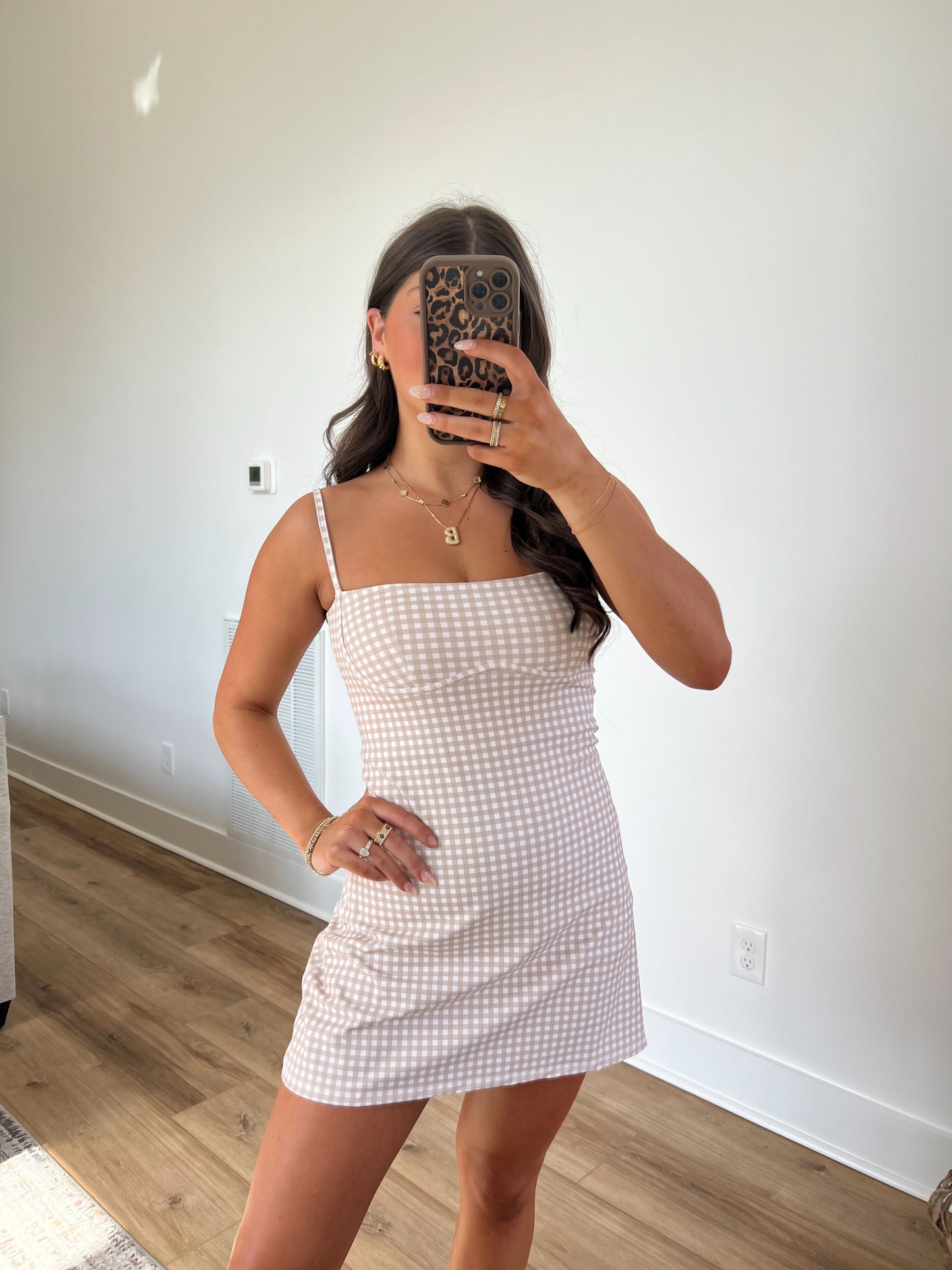 Beige Gingham Sweetheart Dress