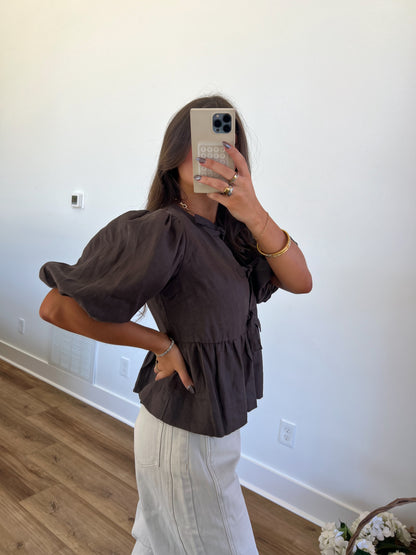 Brown Linen Peplum Top