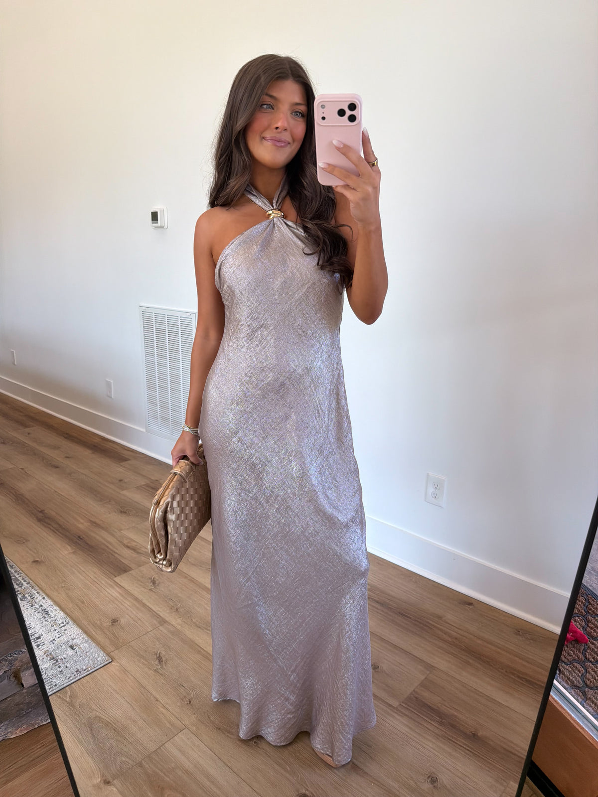 Champagne Satin Halter Maxi Dress