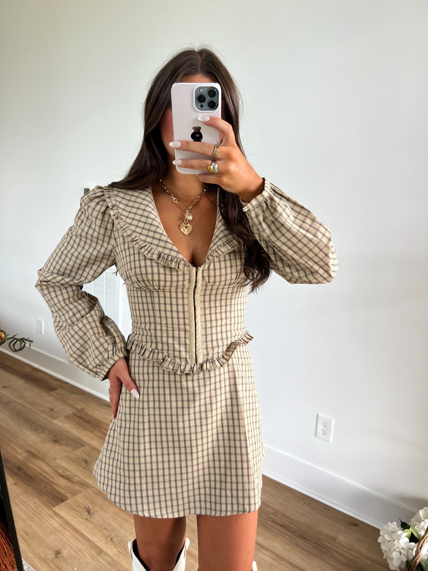 Gathering Plaid Collared Mini Dress