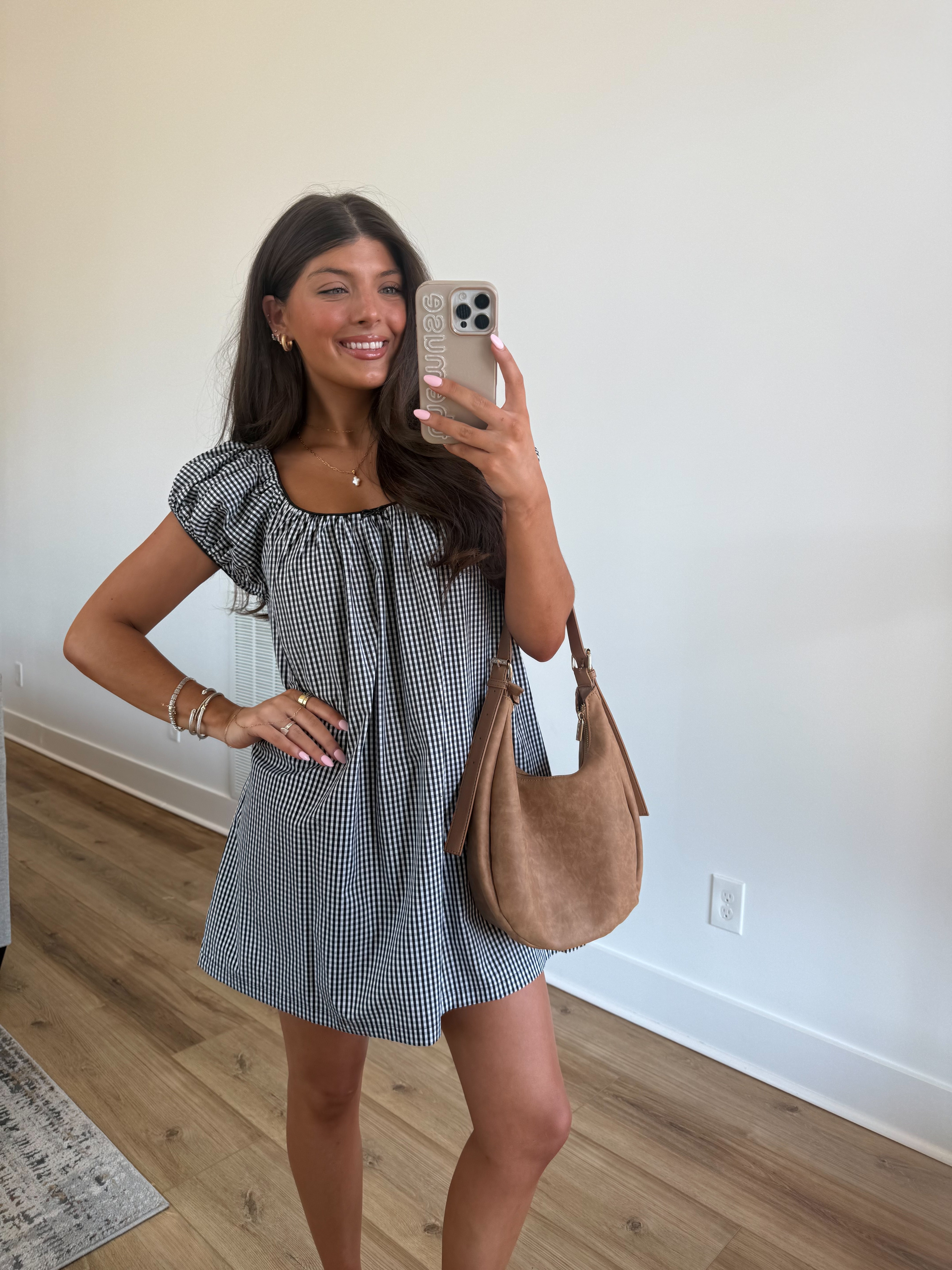 Babydoll Gingham Mini Dress (Black)