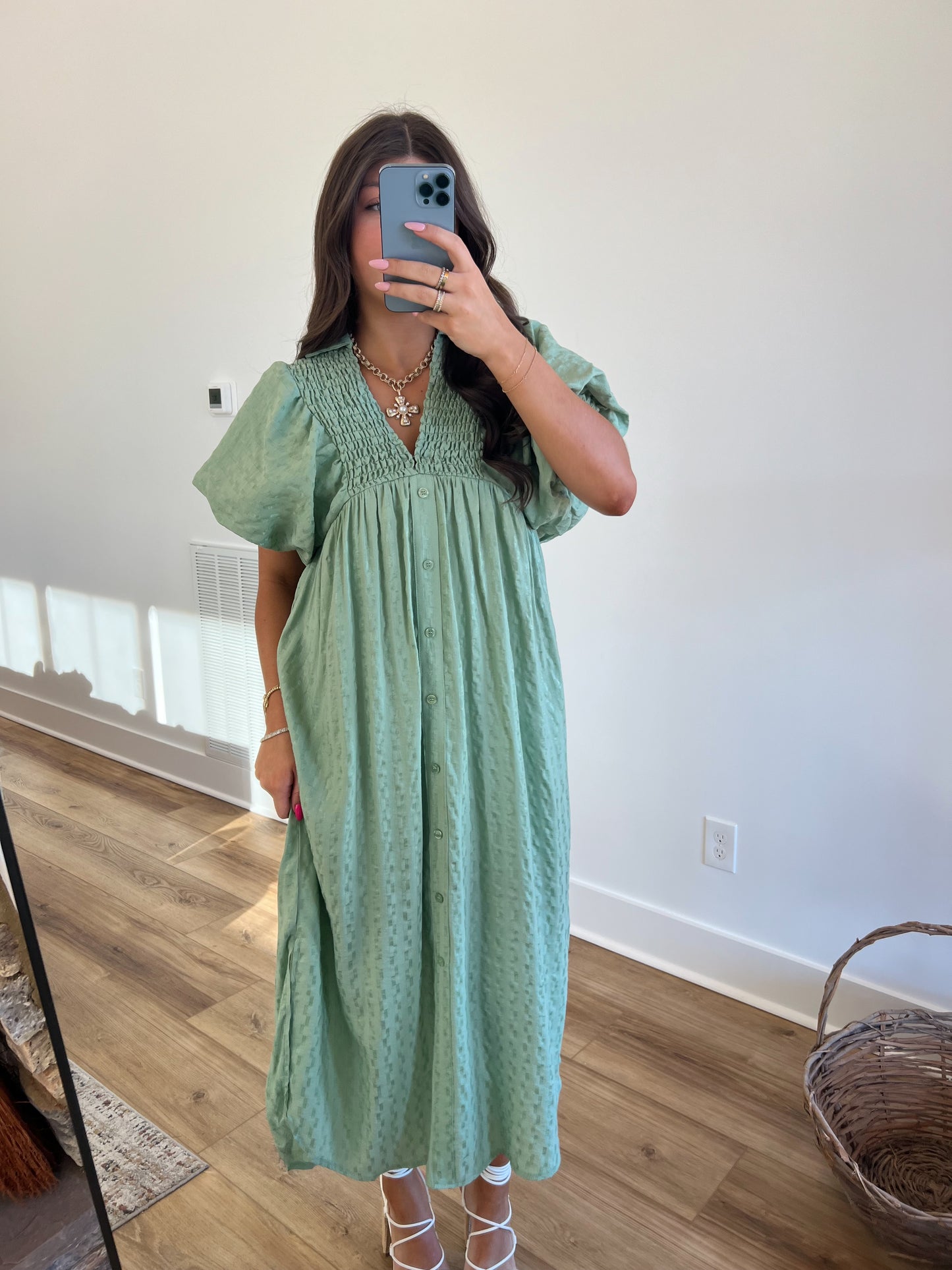 Sage Puff Sleeve Midi Dress