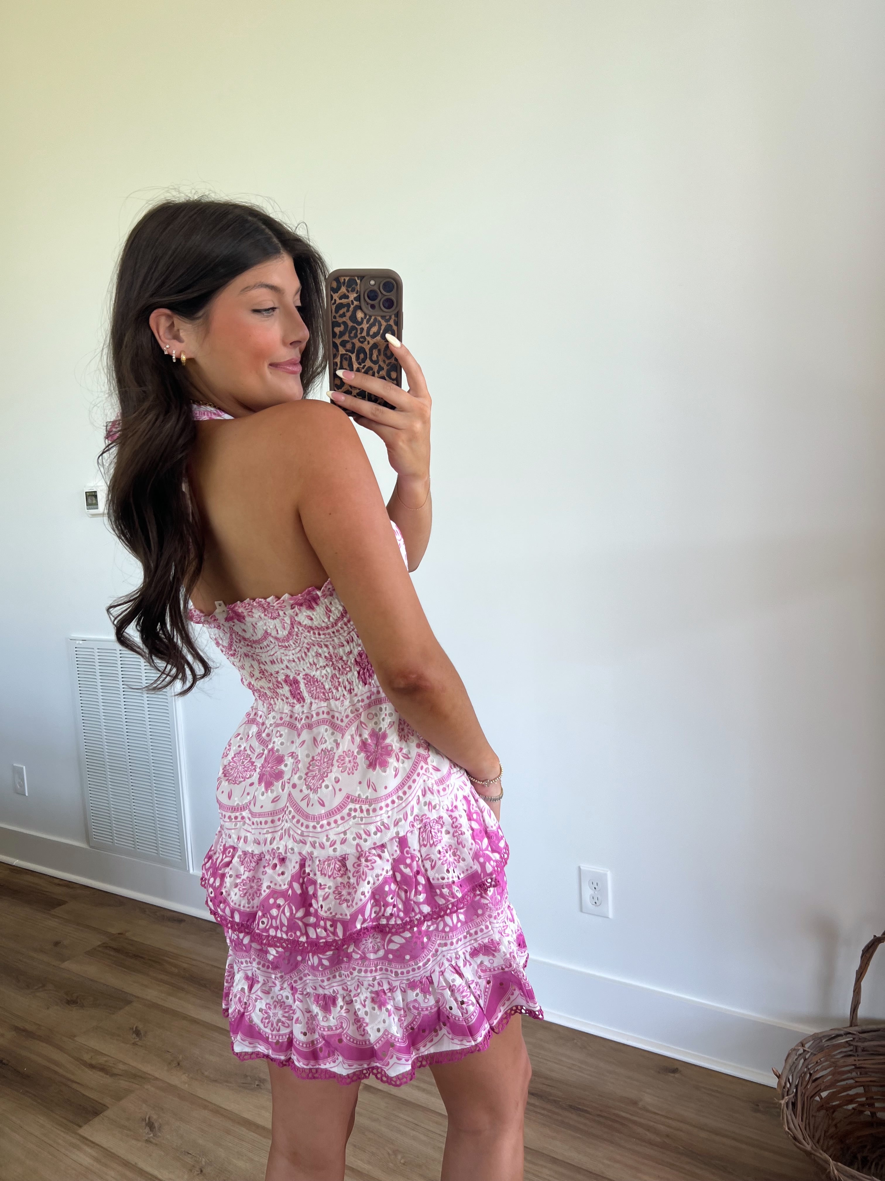 Pink Hawaiian Eyelet Halter Mini Dress