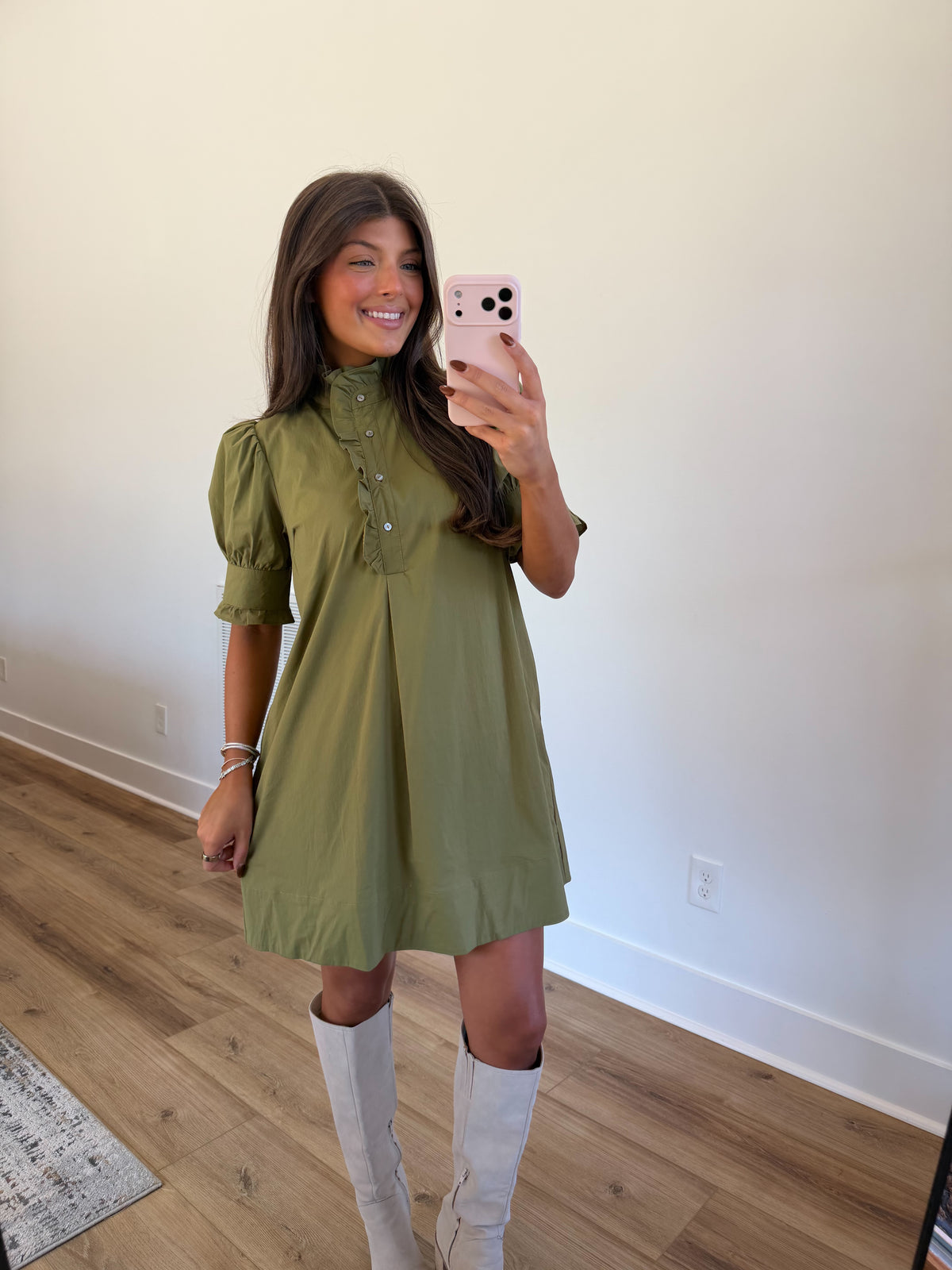 Olive Green Ruffle Collar Mini Dress