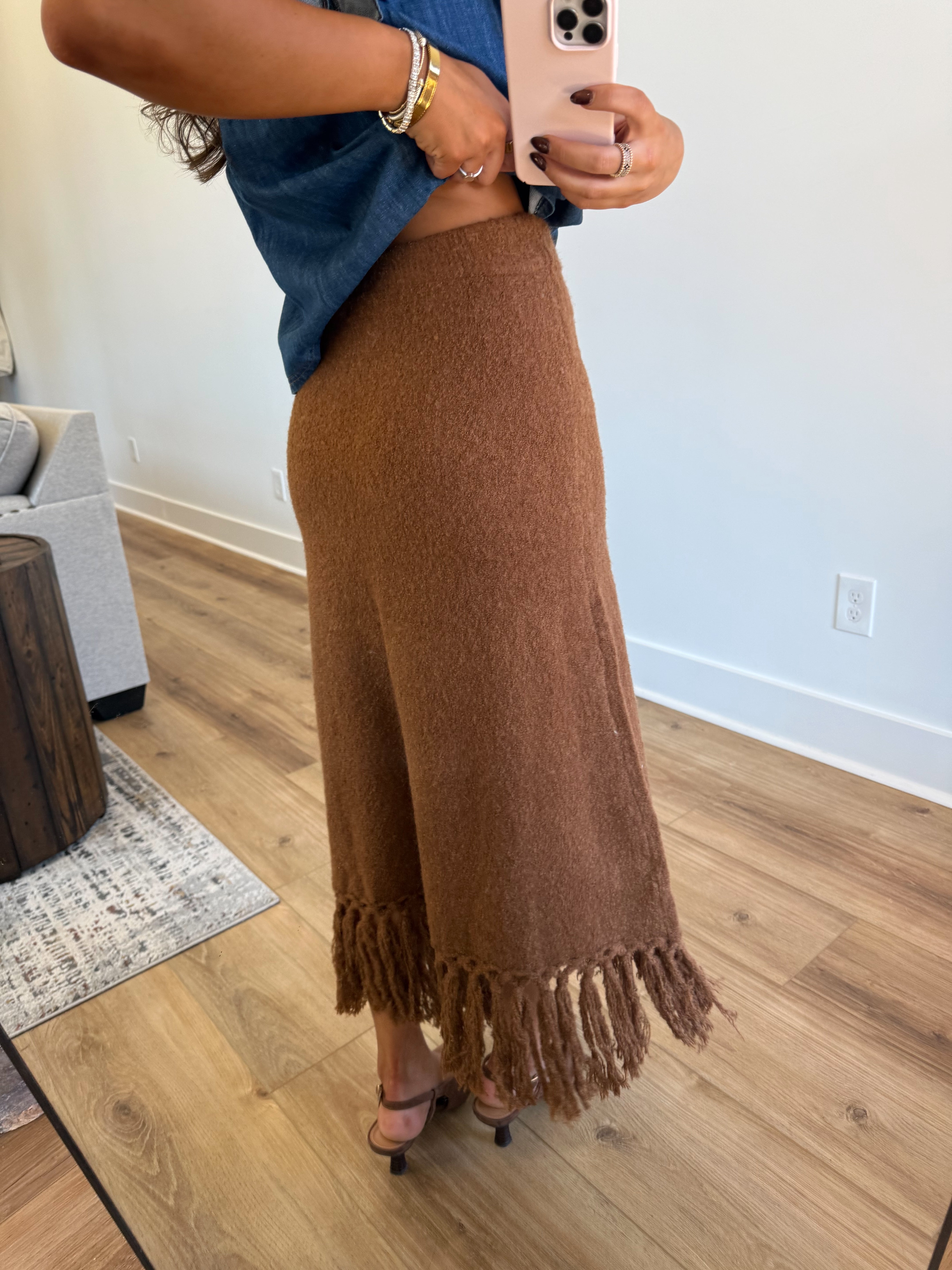 The Caramel Knit Fringe Skirt