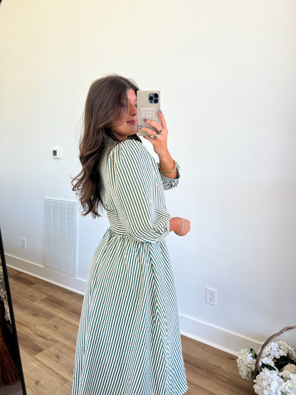 Green Stripe Fitted Waist Midi Dress