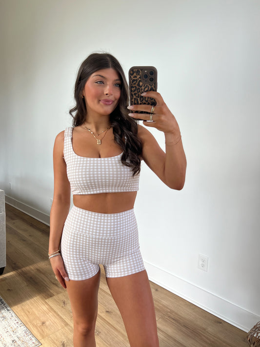 Beige Gingham Scrunched Bra