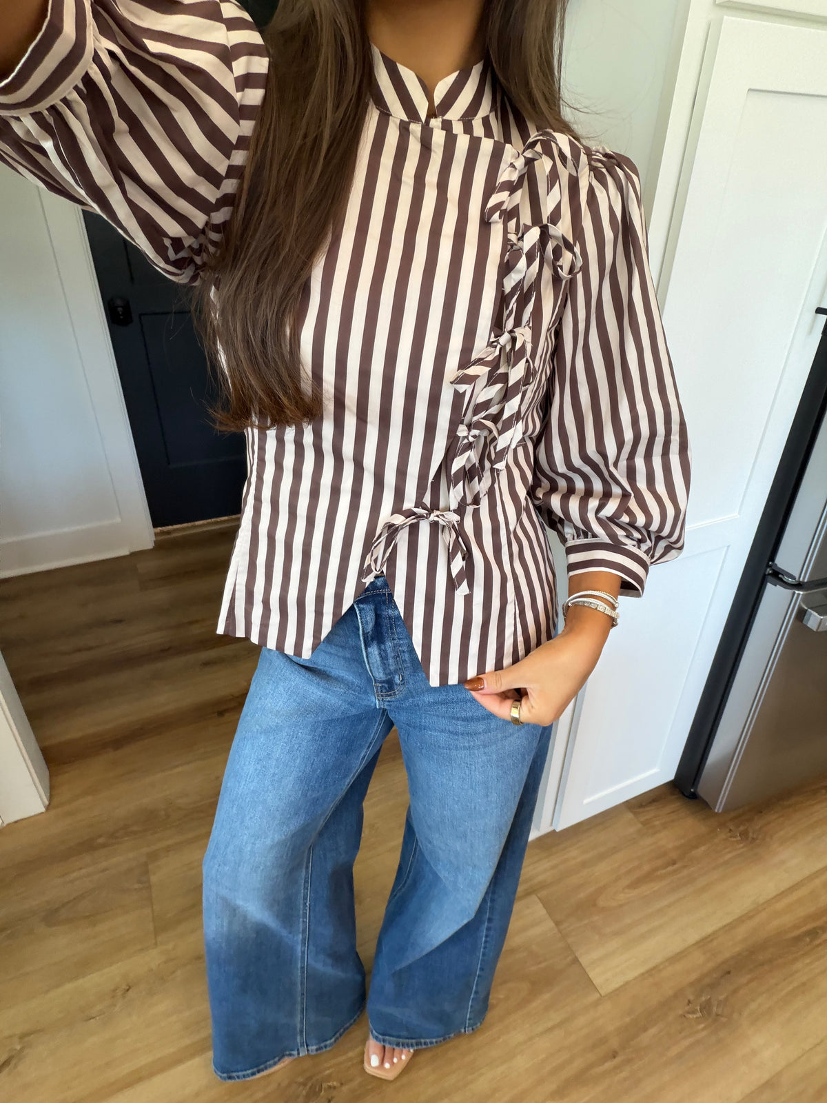 Striped Bow Front Blouse (Navy/Brown)