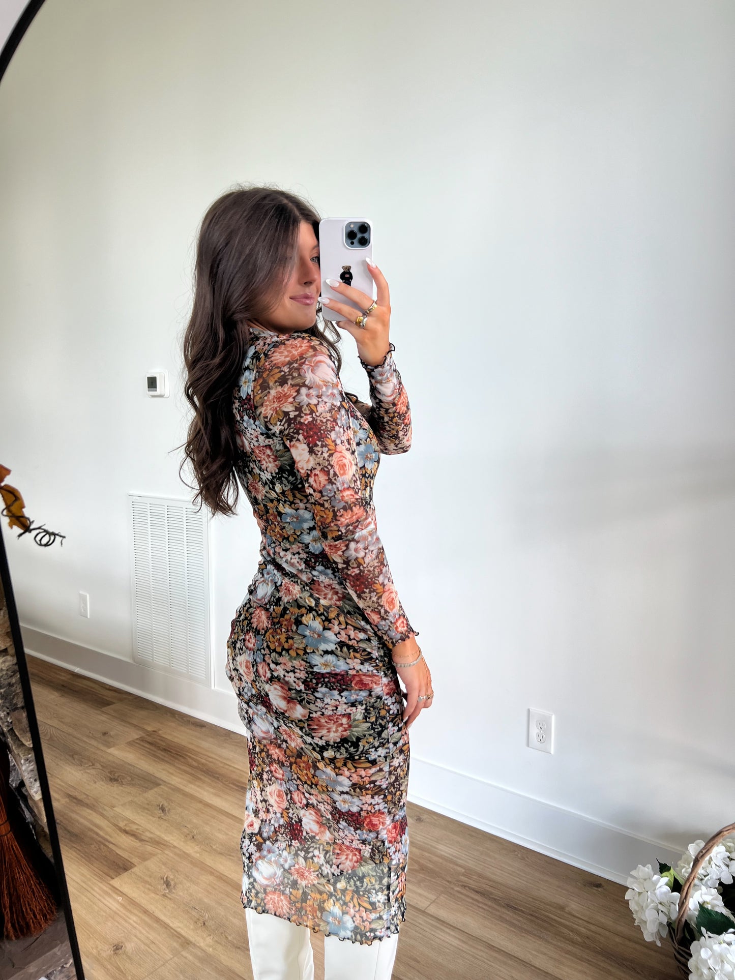 Floral Mesh Long Sleeve Midi Dress