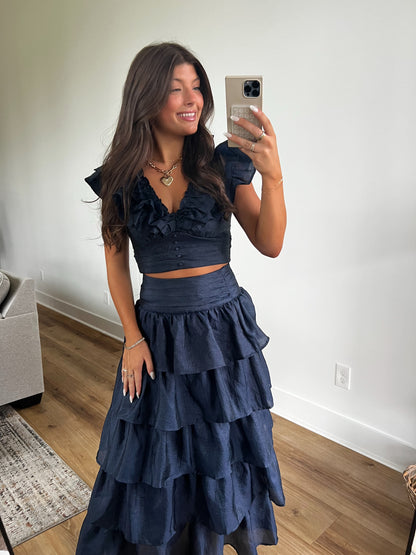 Navy Shimmer Ruffle Skirt Set