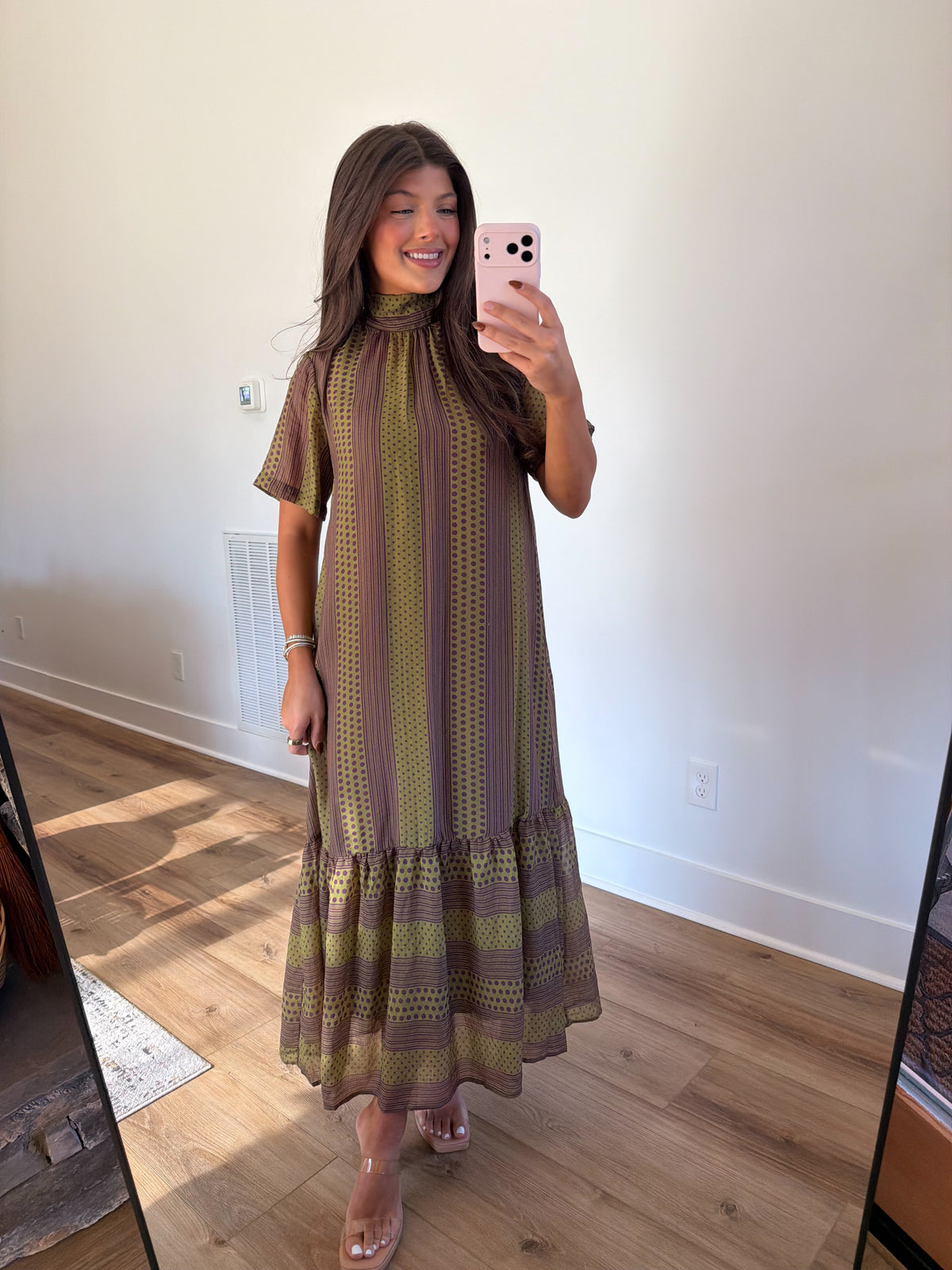 Olive & Brown Printed Mock Neck Maxi Dress