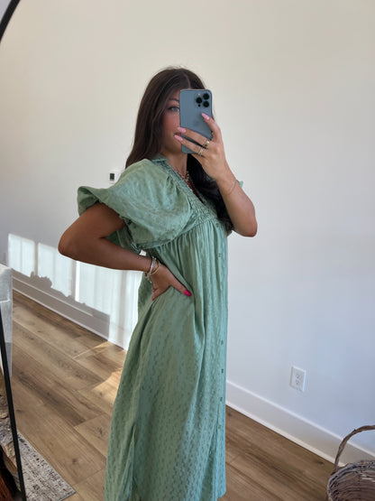 Sage Puff Sleeve Midi Dress