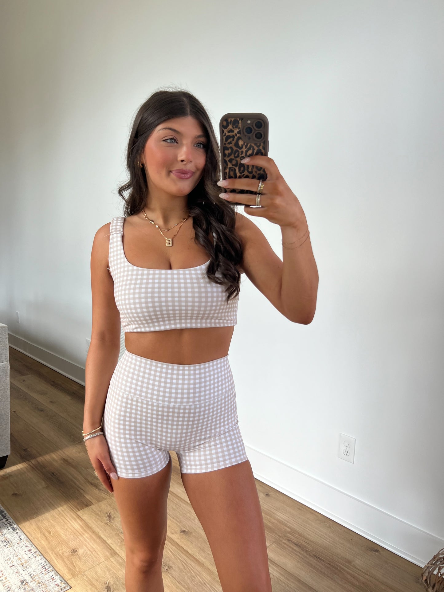 Beige Gingham Biker Shorts