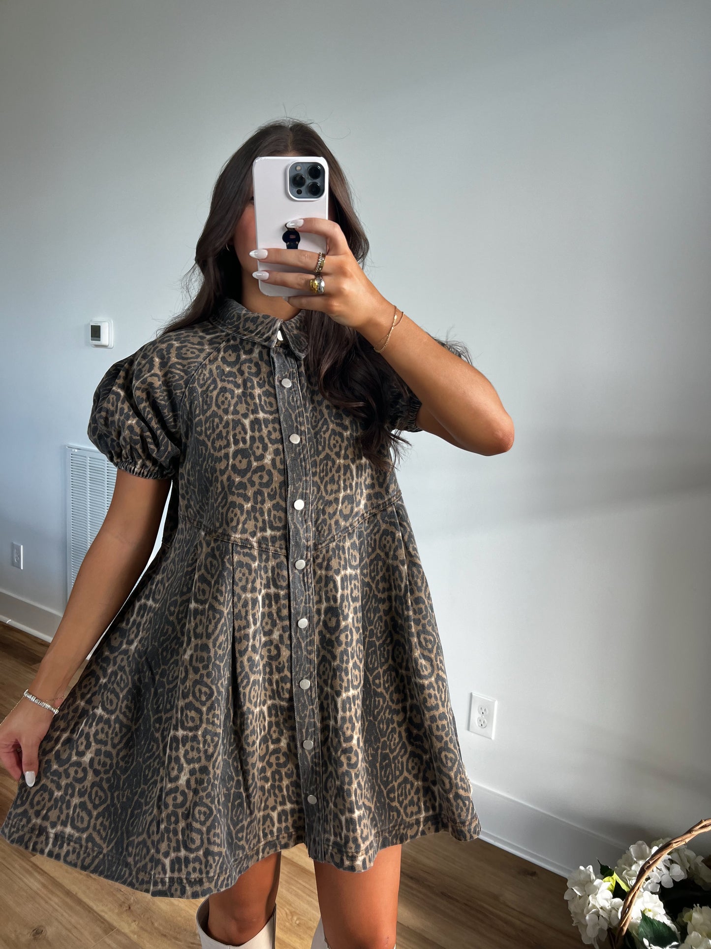 Cheetah Bubble Sleeve Button Up Dress