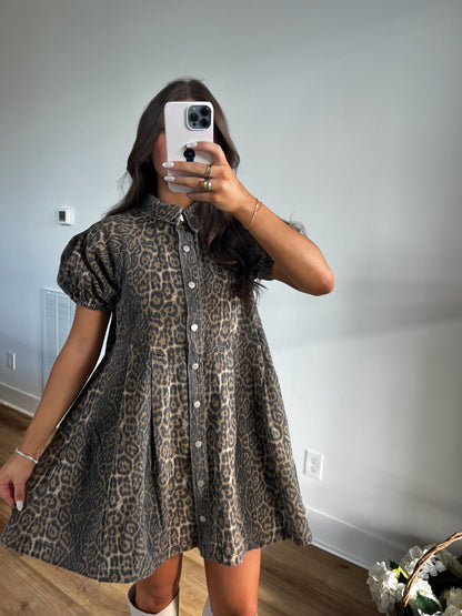 Cheetah Bubble Sleeve Button Up Dress