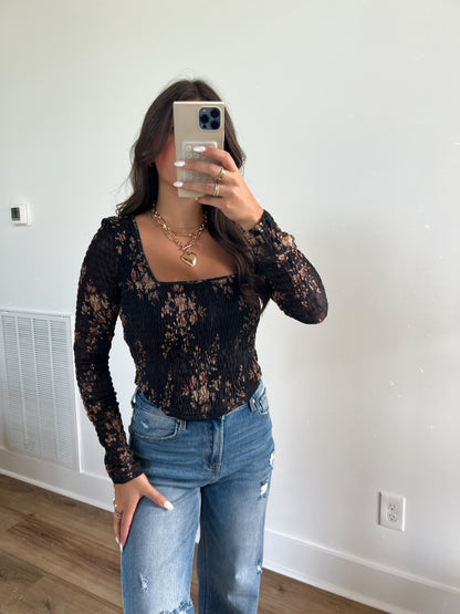 Floral Scoop Neck Top (Black)