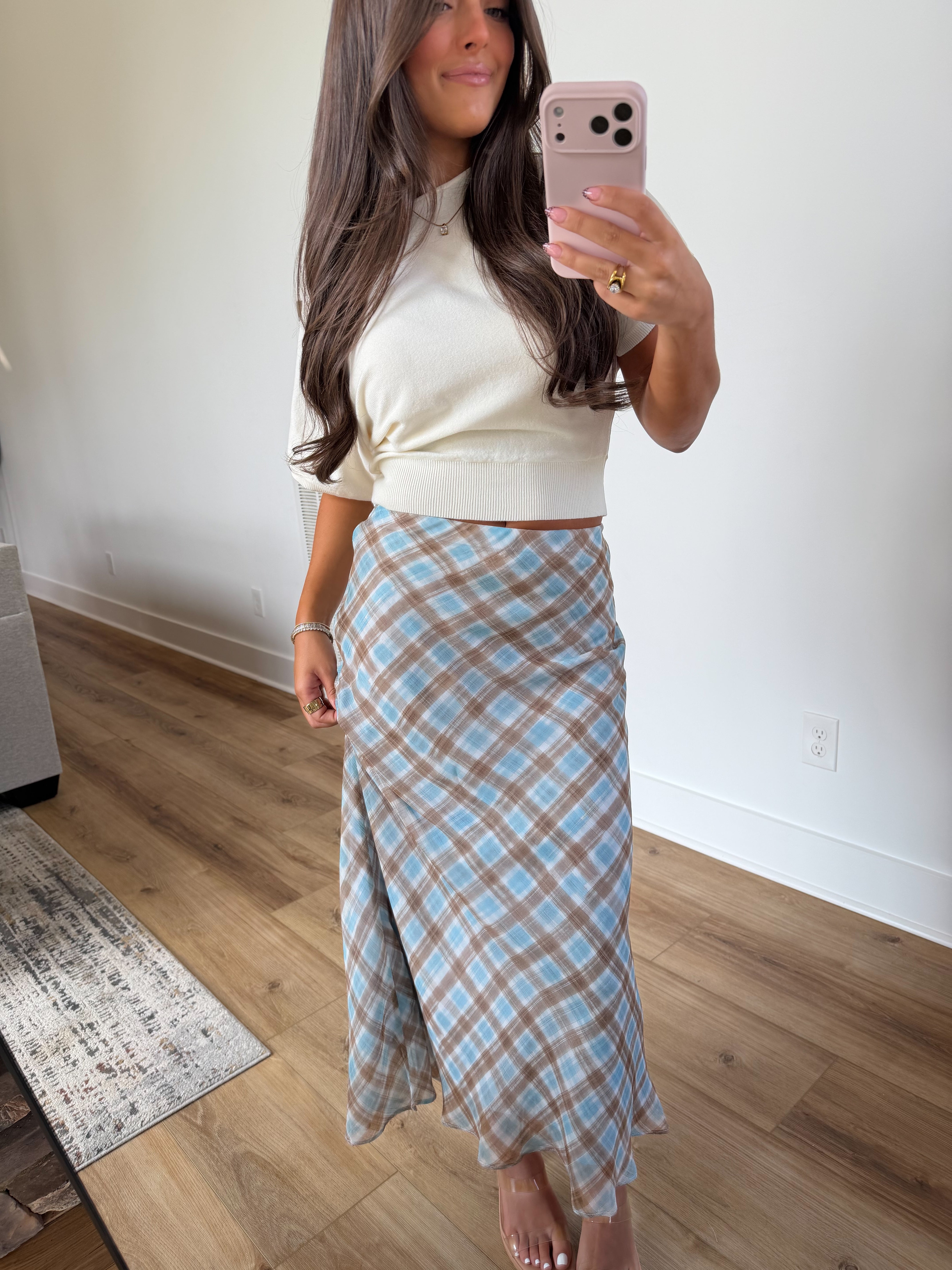 Blue Seams Plaid Midi Skirt