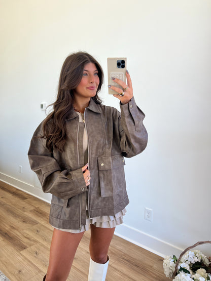 Dark Mocha Vegan Leather Bomber Jacket