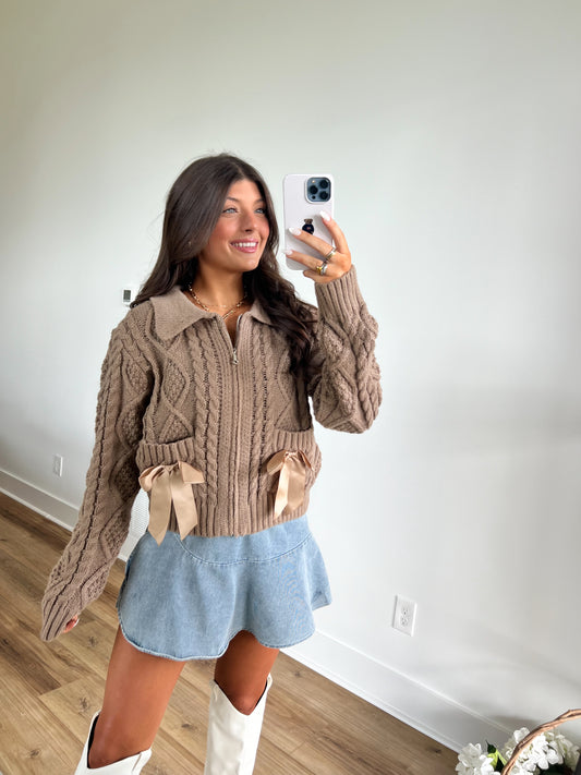 Maci Mocha Knit Bow Zip Up