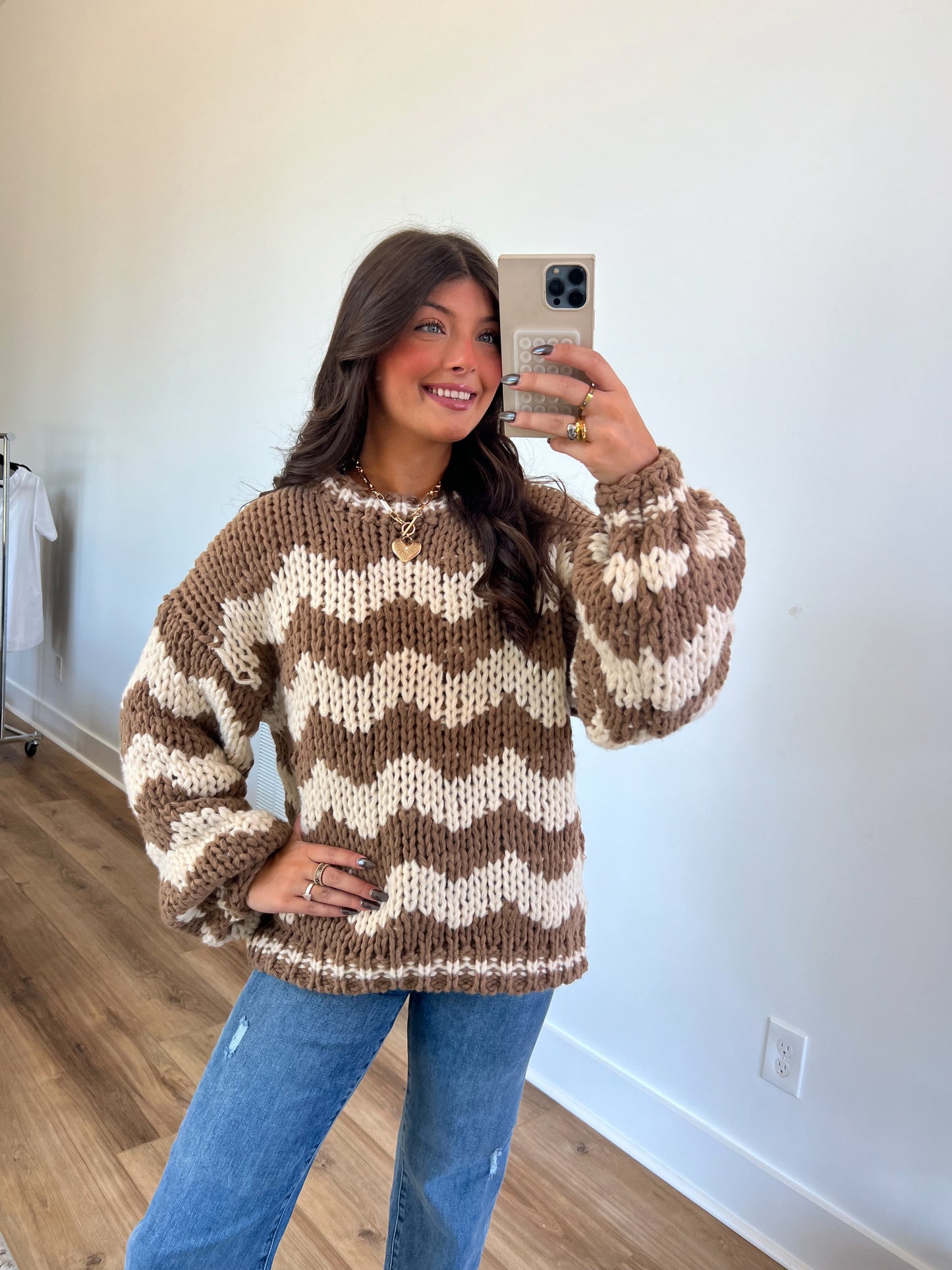 Cheveron Oversized Chunky Knit Sweater (Brown)