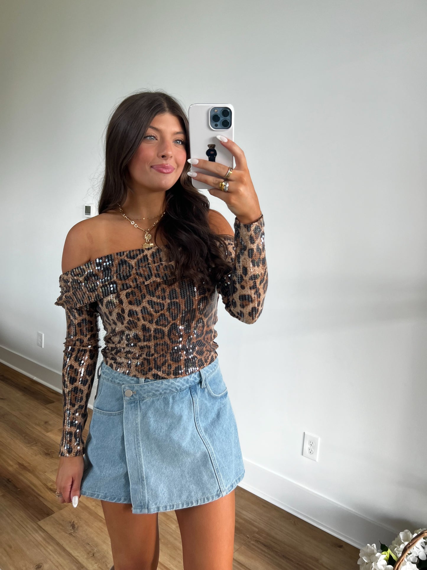 Cheetah Sequin Off The Shoulder Top