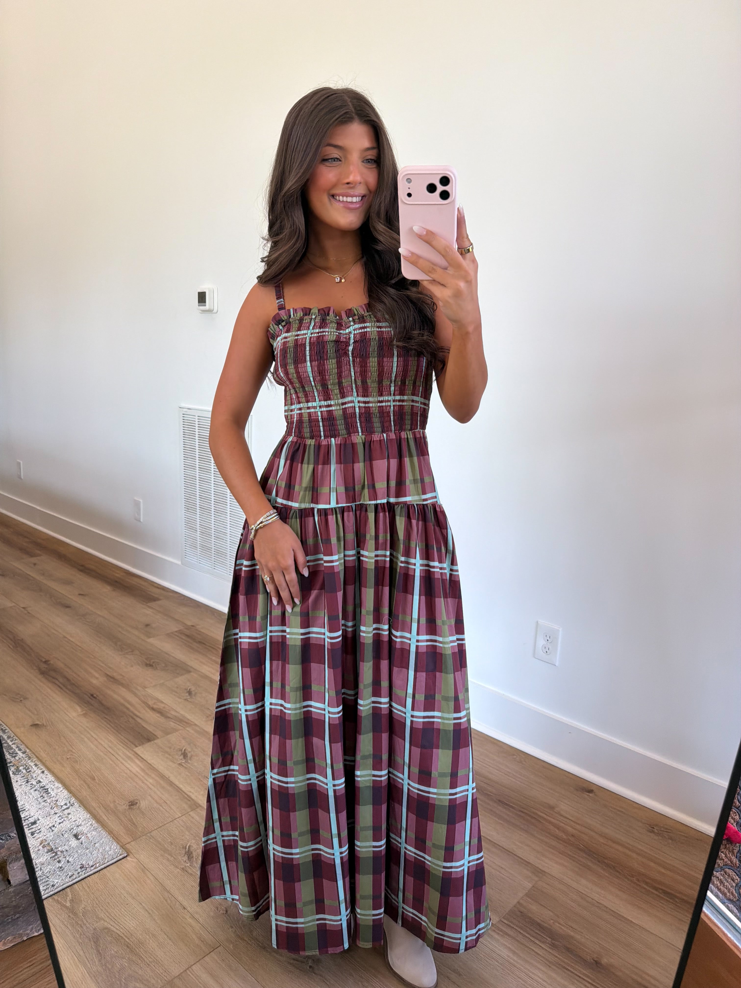 Burgundy Plaid Smocked Maxi Dress