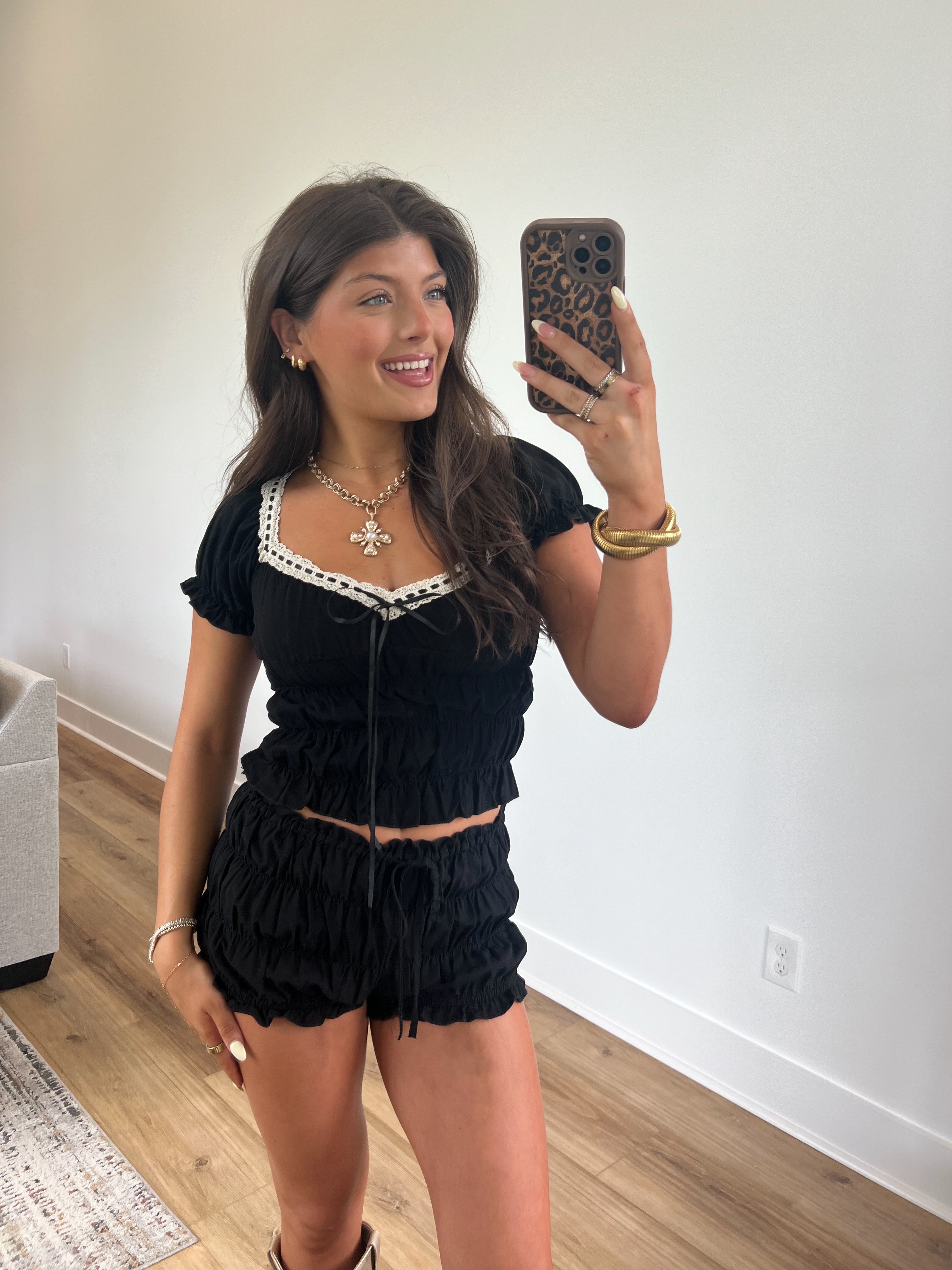 Black Crinkle Shorts Set