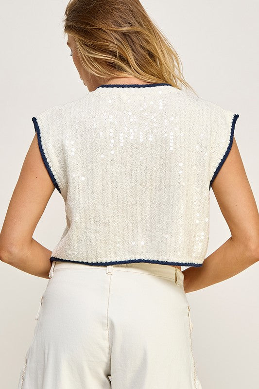 Navy Trimmed Sequin Sweater Top