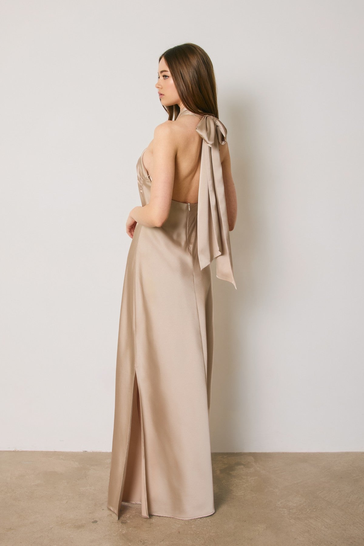 Champagne Satin Halter Maxi Dress