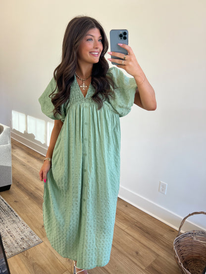 Sage Puff Sleeve Midi Dress