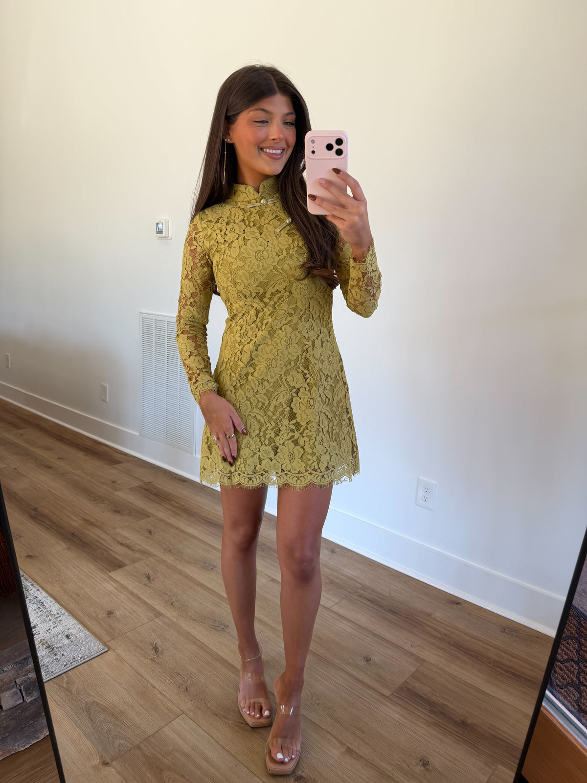 Floral Lace Mock Neck Mini Dress (Green)