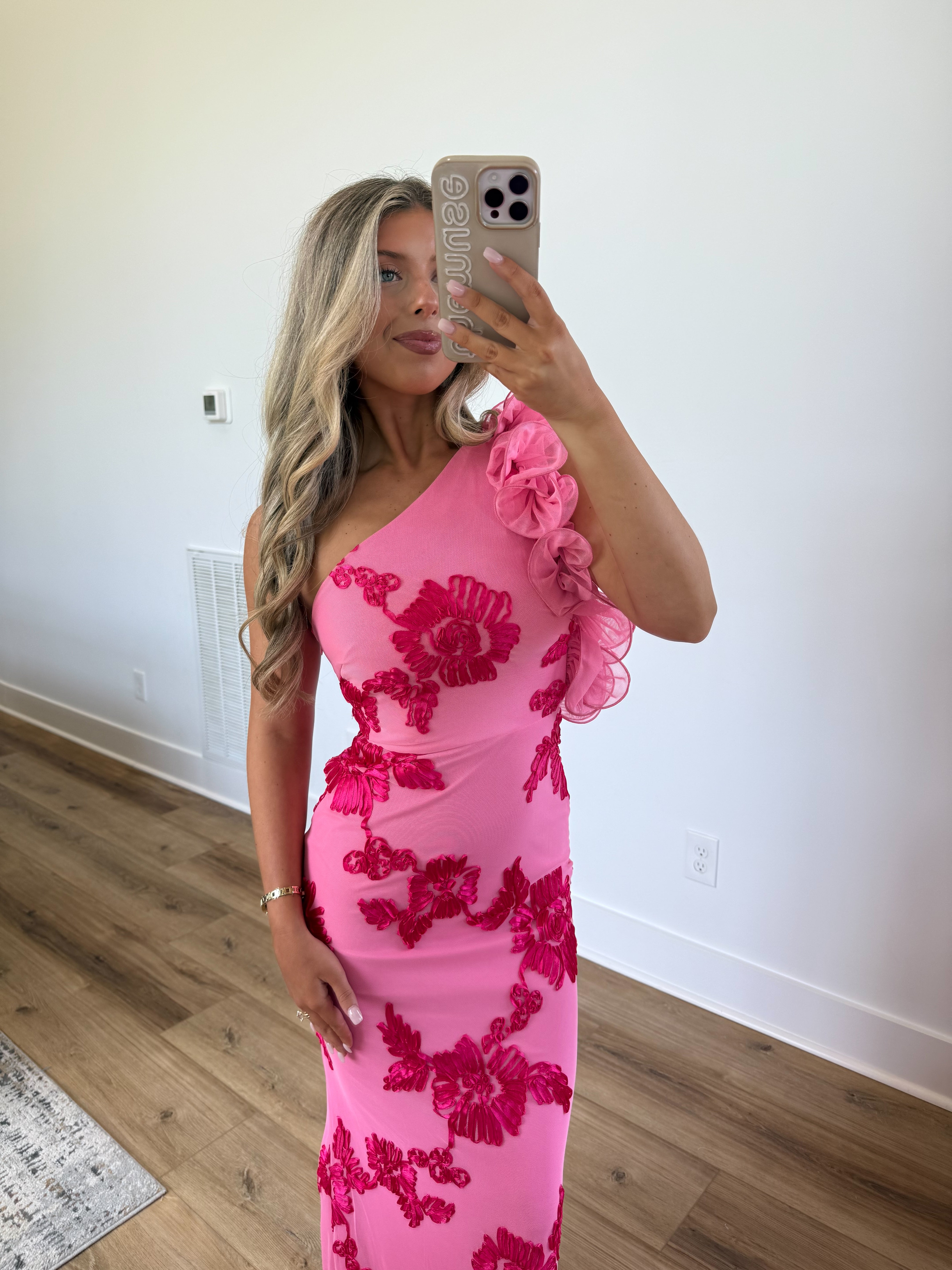 Pink Petals Ruffle Shoulder Maxi