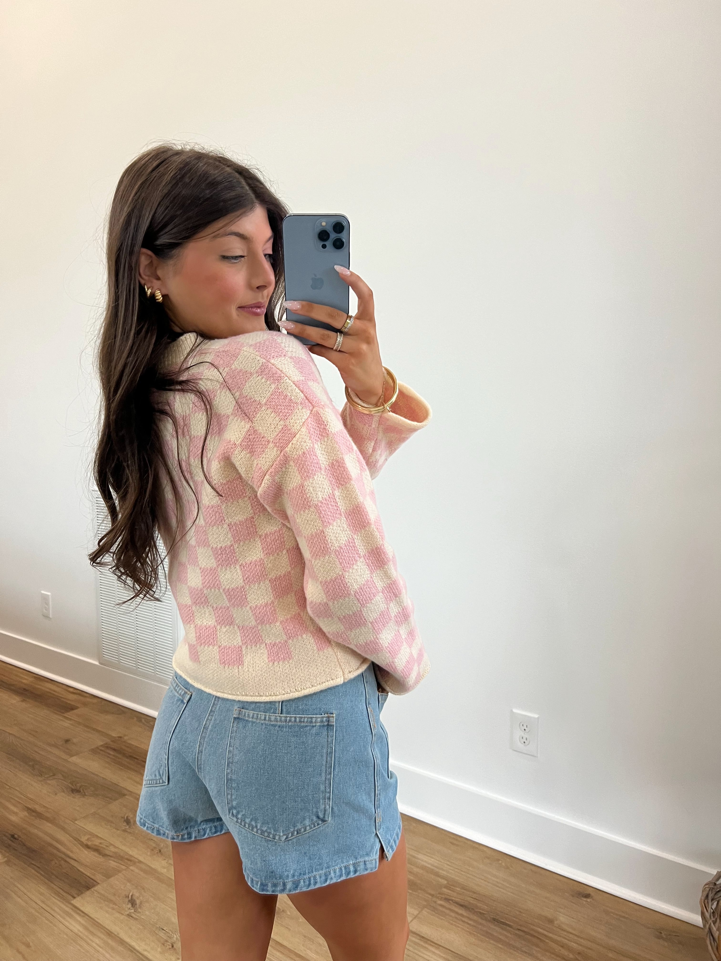 Pink Checkered Cardigan Top