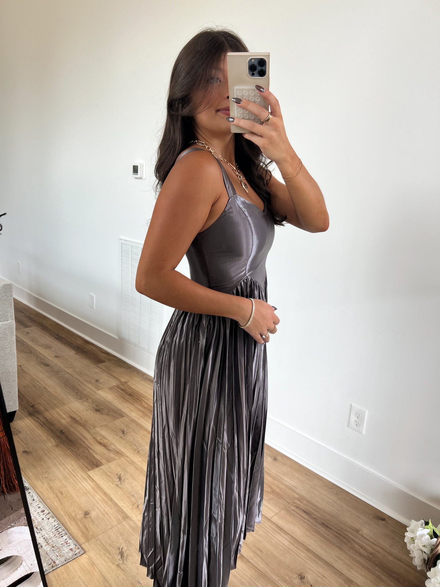 Grey Metallic Pleat Midi Dress