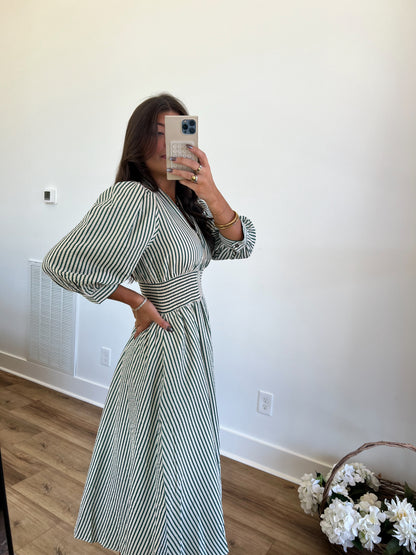 Green Stripe Fitted Waist Midi Dress