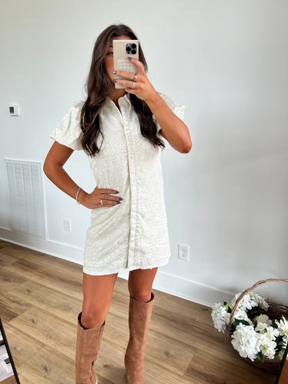 Cream Sequin Button Down Dress