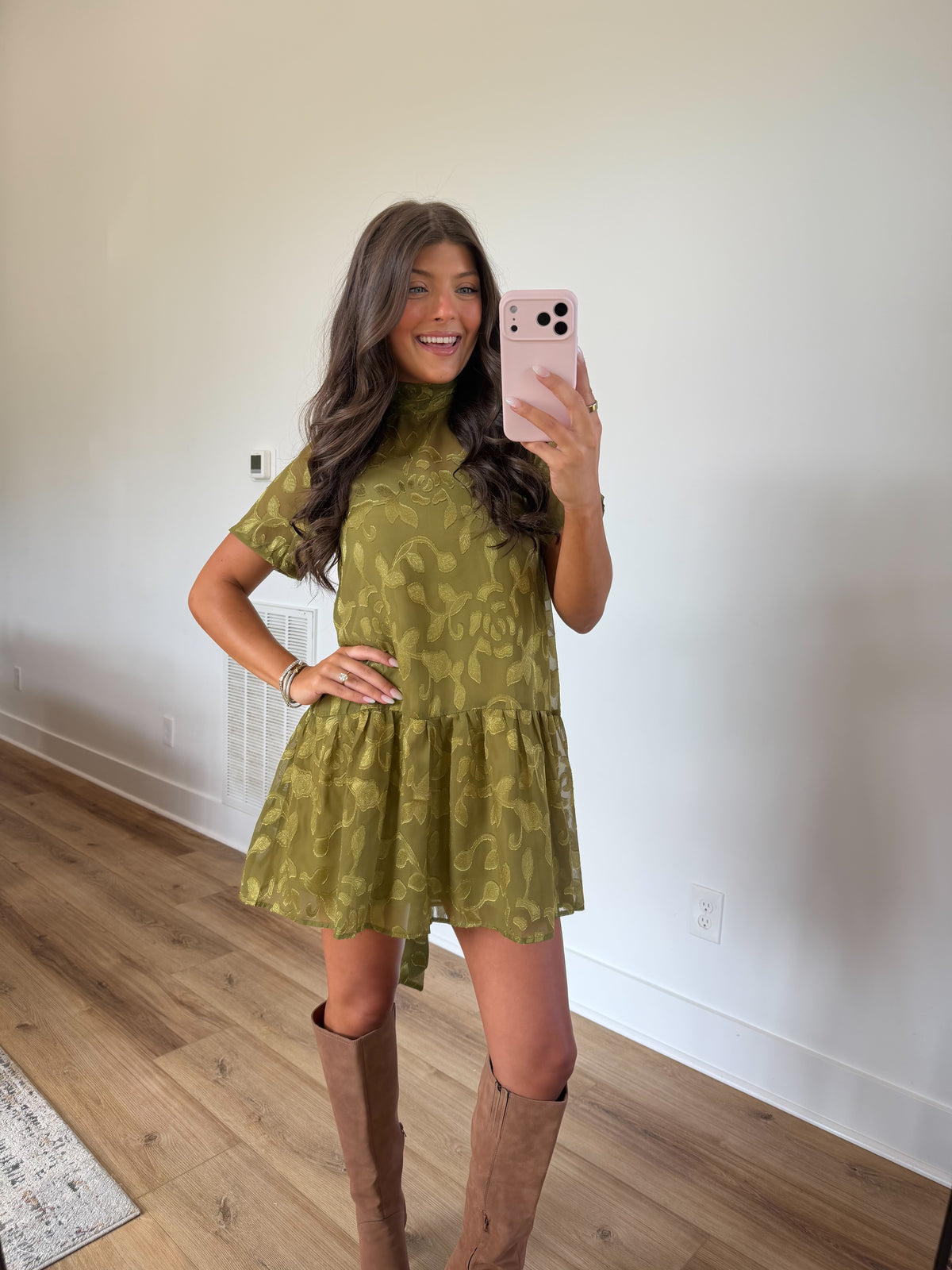 Olive Floral Jacquard Mini Dress