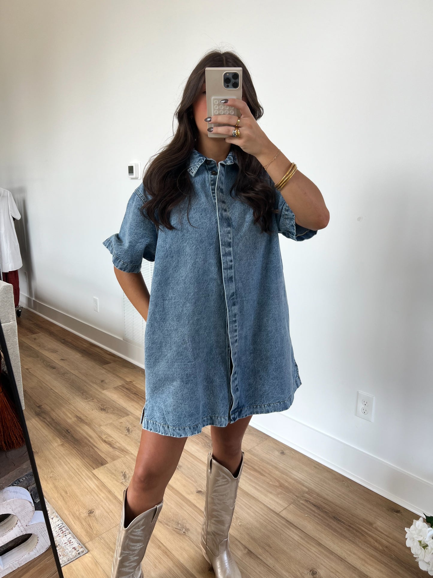 Hidden Button Down Denim T-Shirt Dress