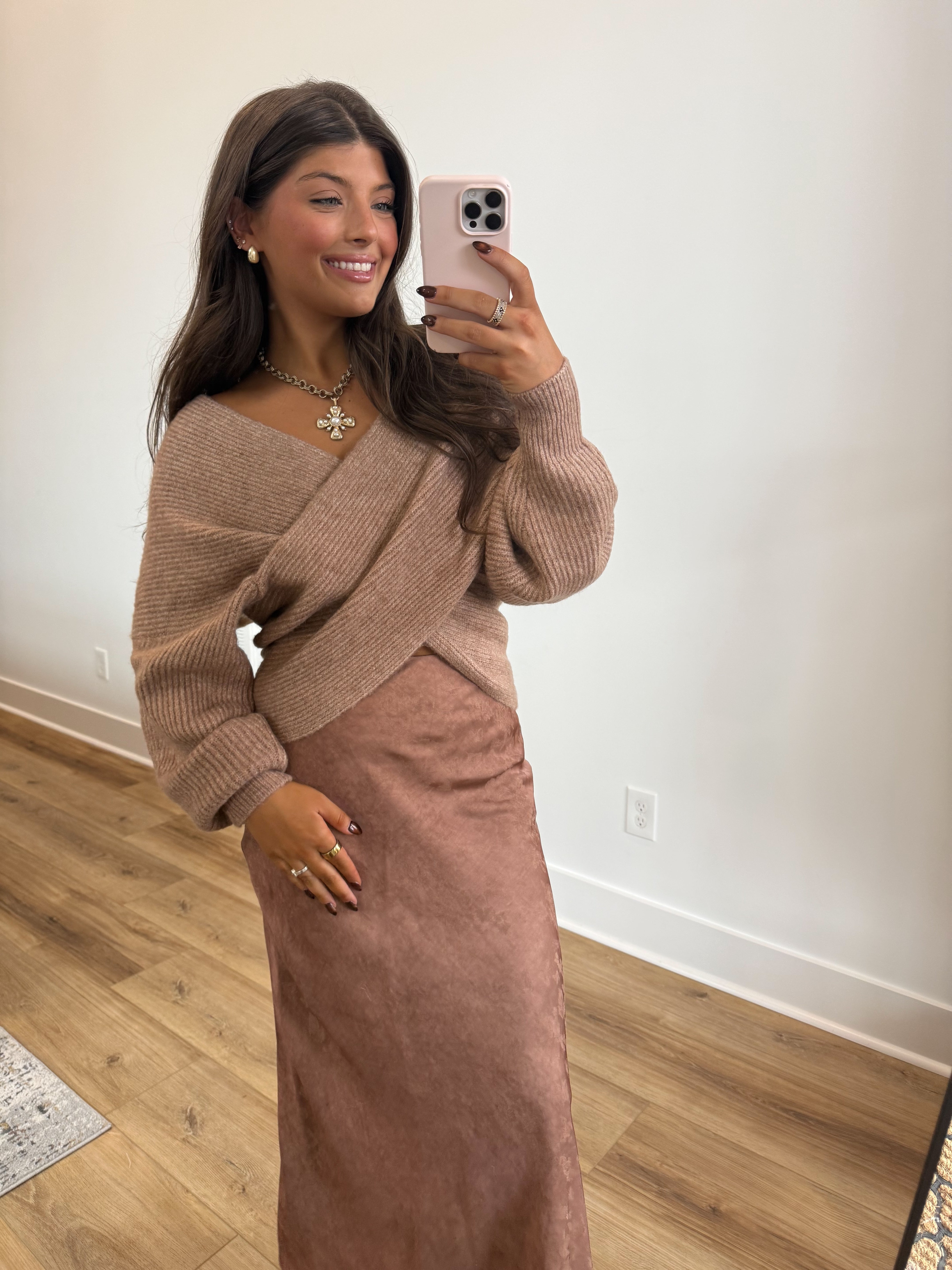 Brown Satin Floral Midi